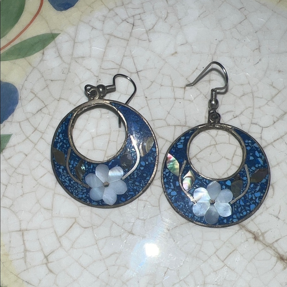 Blue Floral Inlaid Hoop Earrings - Women Jewelry